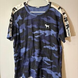 Victoria's secret pink blue camo t-shirt with white‎ dog logo